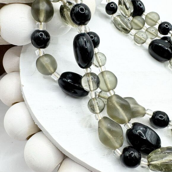 Vintage Germany Black Gray Glass Bead Collar Necklace 3 Strand Satin Glass 17” - Picture 3 of 13